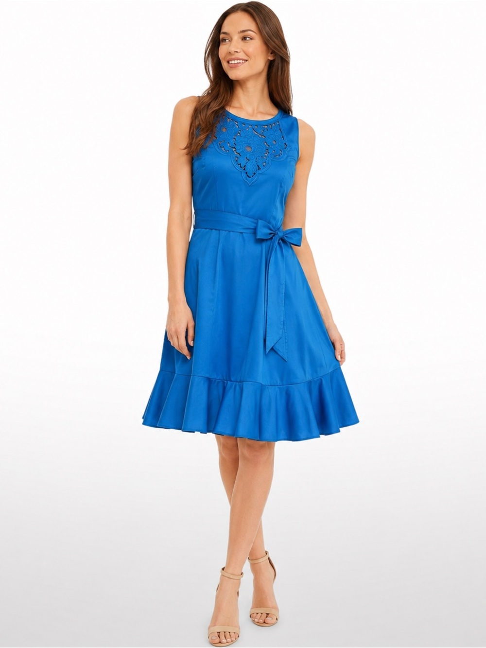 Talbots Petite 2P Blue Embroidered Sateen Fit & Flare Dress